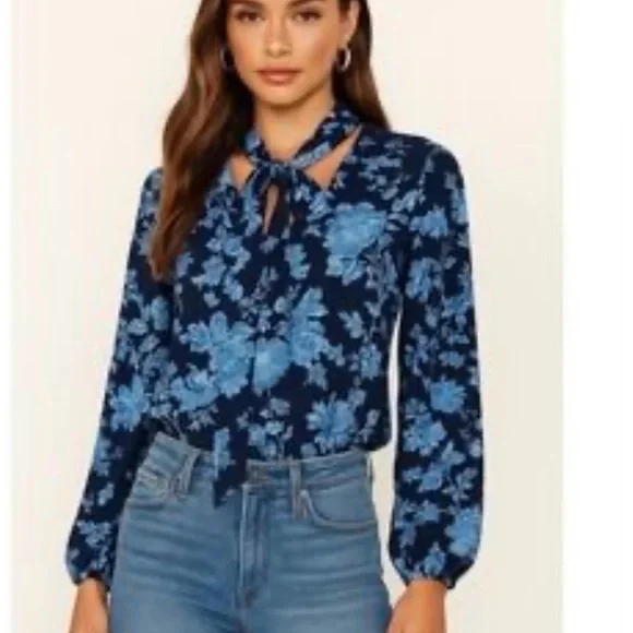 JASON WU L Jersey knit tie navy floral stretch shabby chic business casual top - Picture 1 of 12